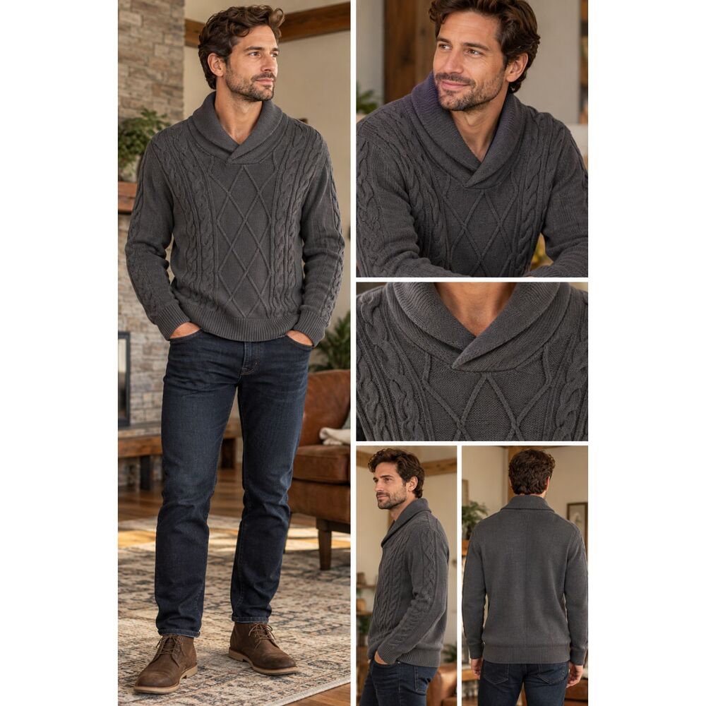 1775 Mens L Cable Knit Shawl Collar Sweater 100% Cotton Charcoal Gray Argyle